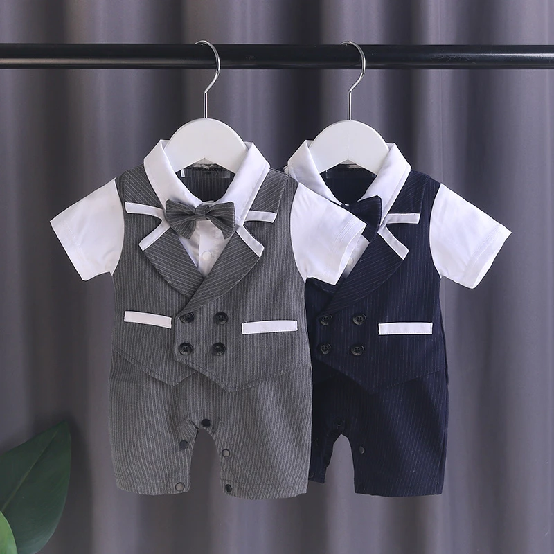 满月新生婴儿短袖衣服夏装宝宝小西装绅士周岁生日礼服男连体衣潮