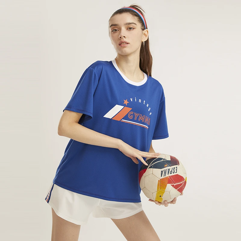 gymna复古运动宽松短袖透气圆领T恤女健身跑步上衣健身服薄款女夏