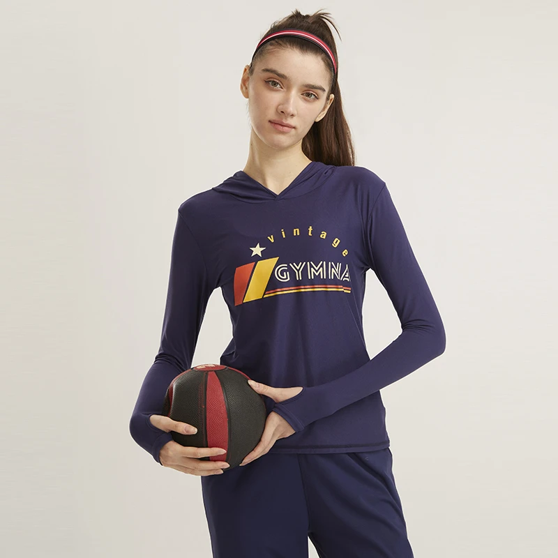 gymna复古连帽长袖健身衣学院运动风跑步训练上衣女修身瑜伽服春