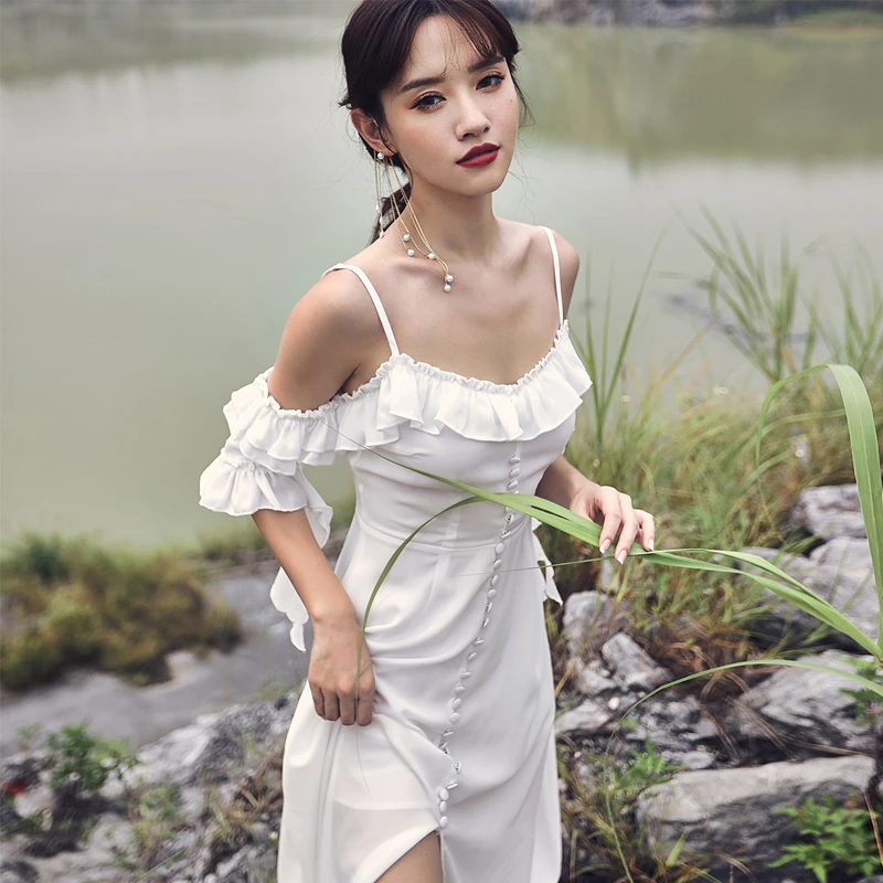 奈良白色沙滩裙女夏吊带连衣裙长裙夏季法式【8239】