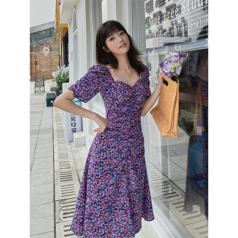 奈良紫色连衣裙雪纺碎花裙法式夏季高腰【2001】