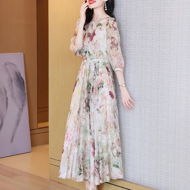 【南姐工厂】真丝连衣裙2023新款夏季女装山茶花长款桑蚕丝裙子2520