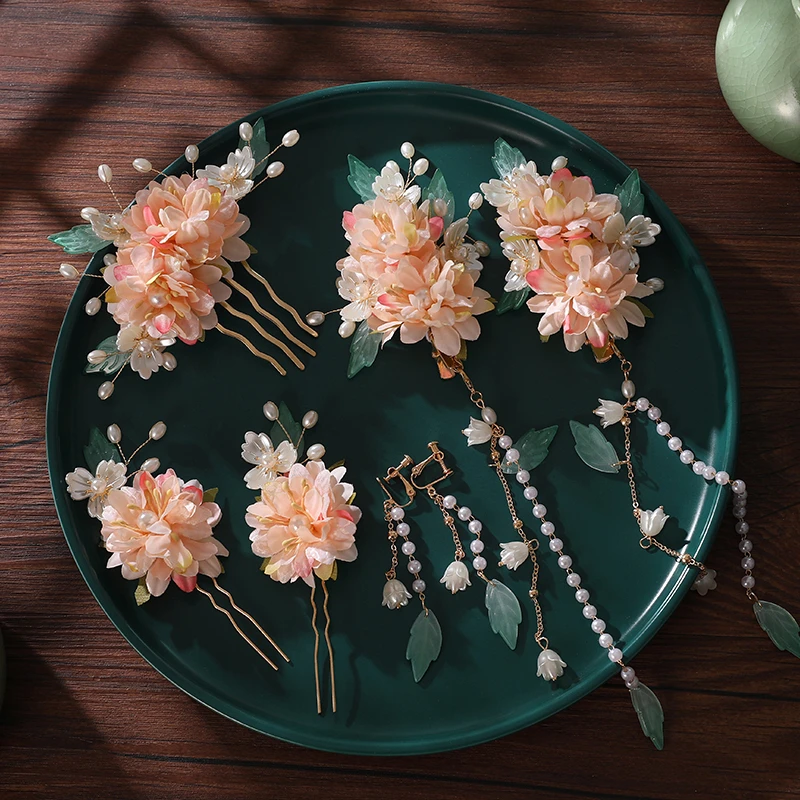 古风绢花头饰套装仙美花朵发夹发簪古装配饰手工简约汉服七件配饰