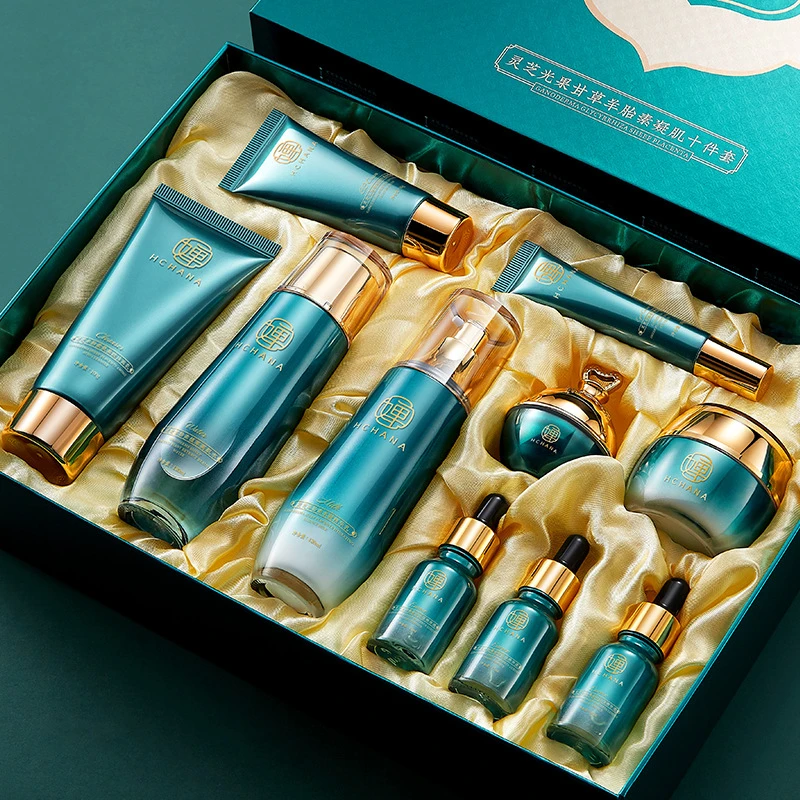 紧致护肤品套盒十件装韩婵灵芝羊胎素精华水乳面霜护肤护套装