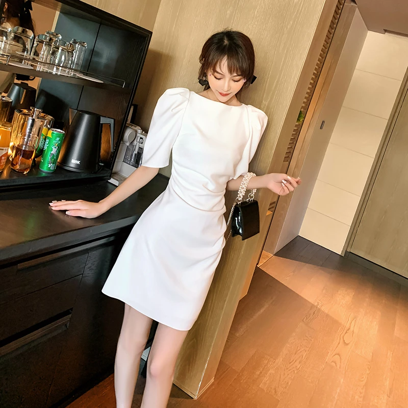 5144气质白色连衣裙女夏季时尚圆领泡泡短袖收腰显瘦A字仙女短裙