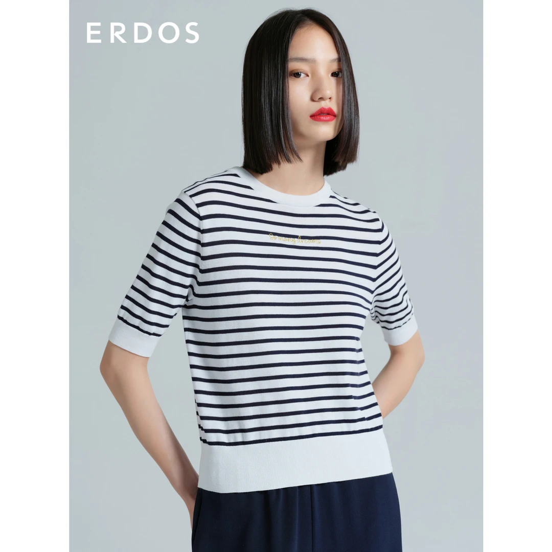 ERDOS 纯棉短袖T恤针织衫条纹圆领夹条半袖女春夏
