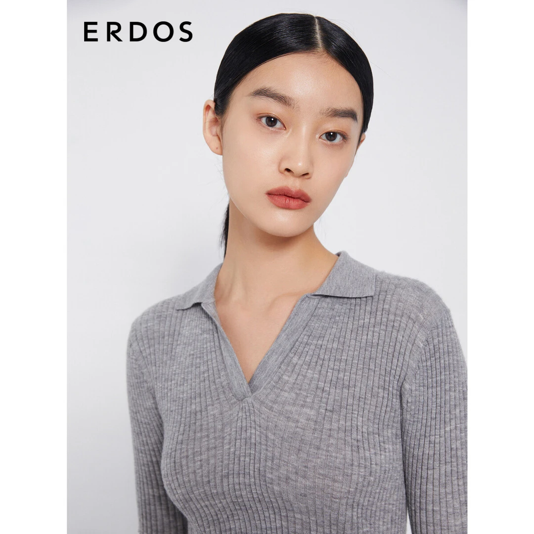 ERDOS 山羊绒衫针织衫气质通勤基础百搭翻领抽条半袖女