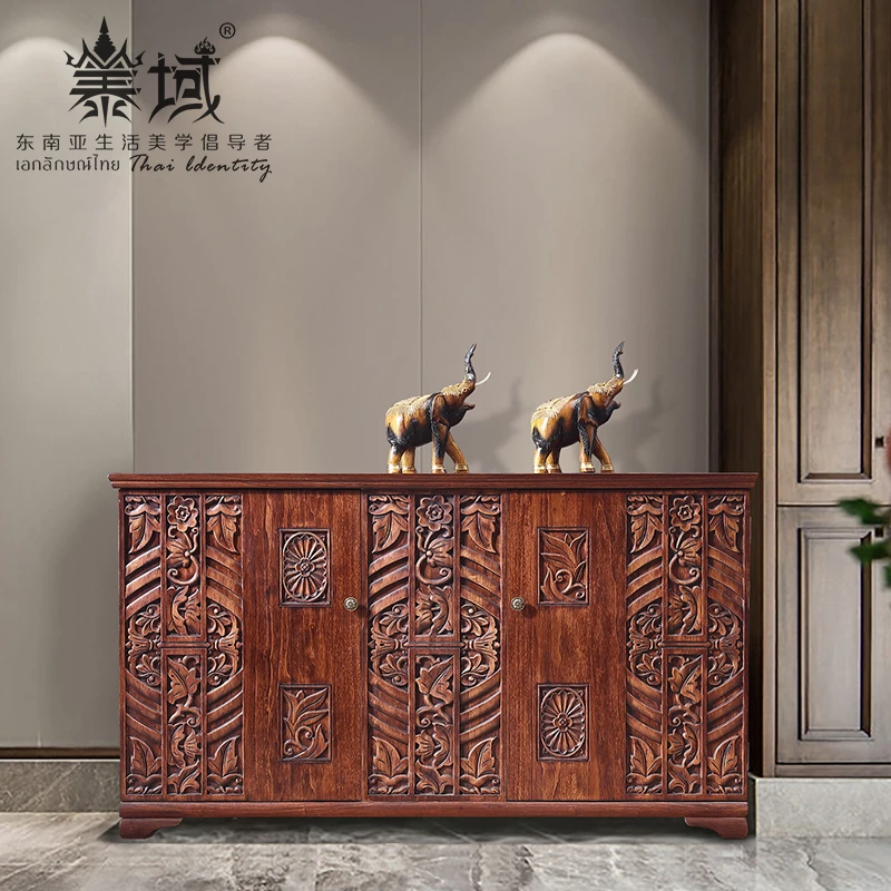 东南亚储物柜客厅鞋柜中式雕花柜实木入户玄关柜家具E2-165