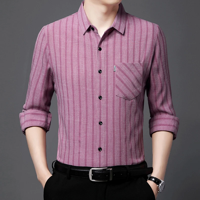 男装长袖无痕秋季高档薄款衬衣条纹方领休闲衬衫宽松季常规亚麻
