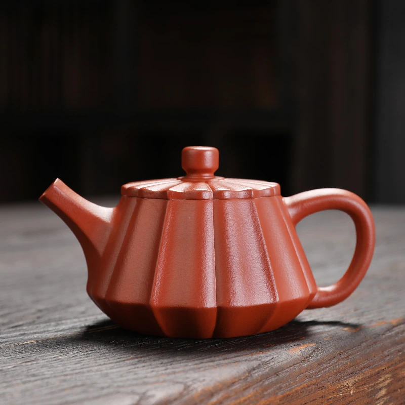 舒仲紫砂-朱泥筋纹石瓢壶-220ml