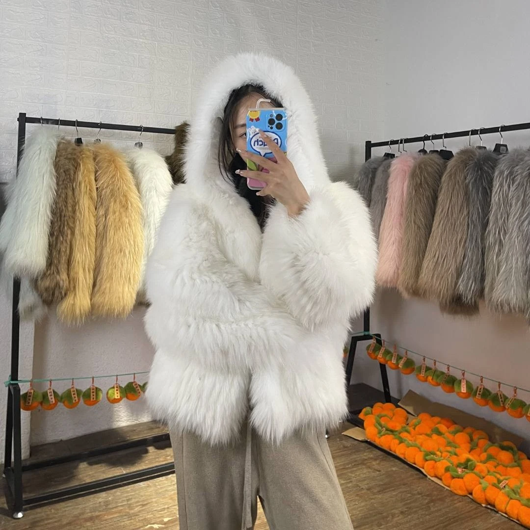 【现货】新款狐狸毛编织连帽双面编织外套