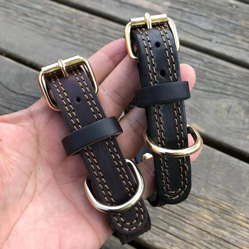 2公分宽双线牛皮脖圈中小型犬脖圈幼犬脖套头层牛皮宠物项圈脖链