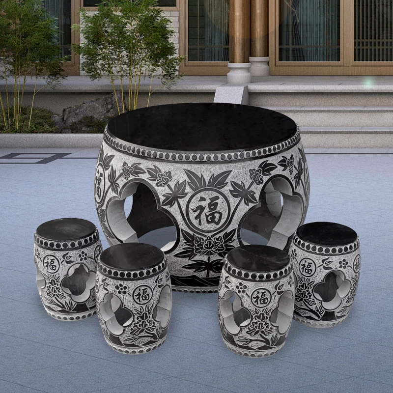 石雕青石桌凳牡丹花镂空桌子家居庭院荷花鱼祥云梅兰竹菊石桌石凳