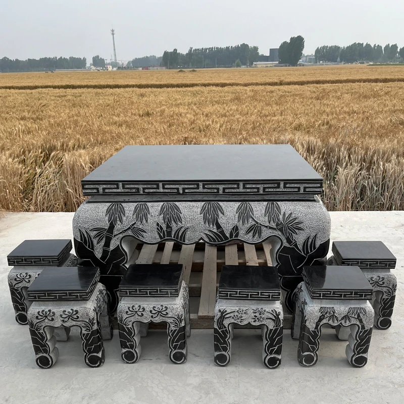石雕桌凳梅兰竹菊家用庭院摆件镂空青石方桌凳子户外花园广场茶几
