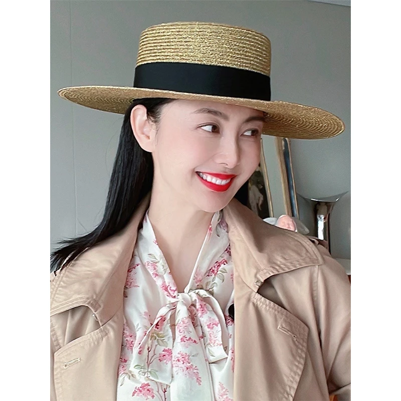 TRACY CHU 气质时尚百搭设计款女士秋冬ins复古金色手编平顶草帽