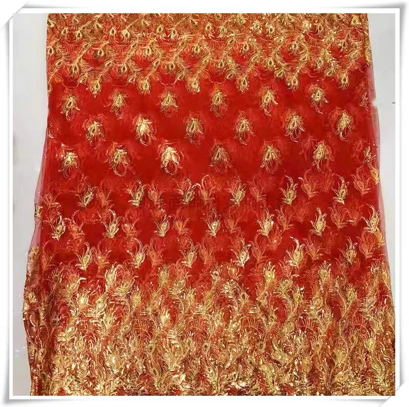 刺绣面料网纱底布凤尾绣金色亮片 双边羽毛形 秀禾婚纱礼服布料