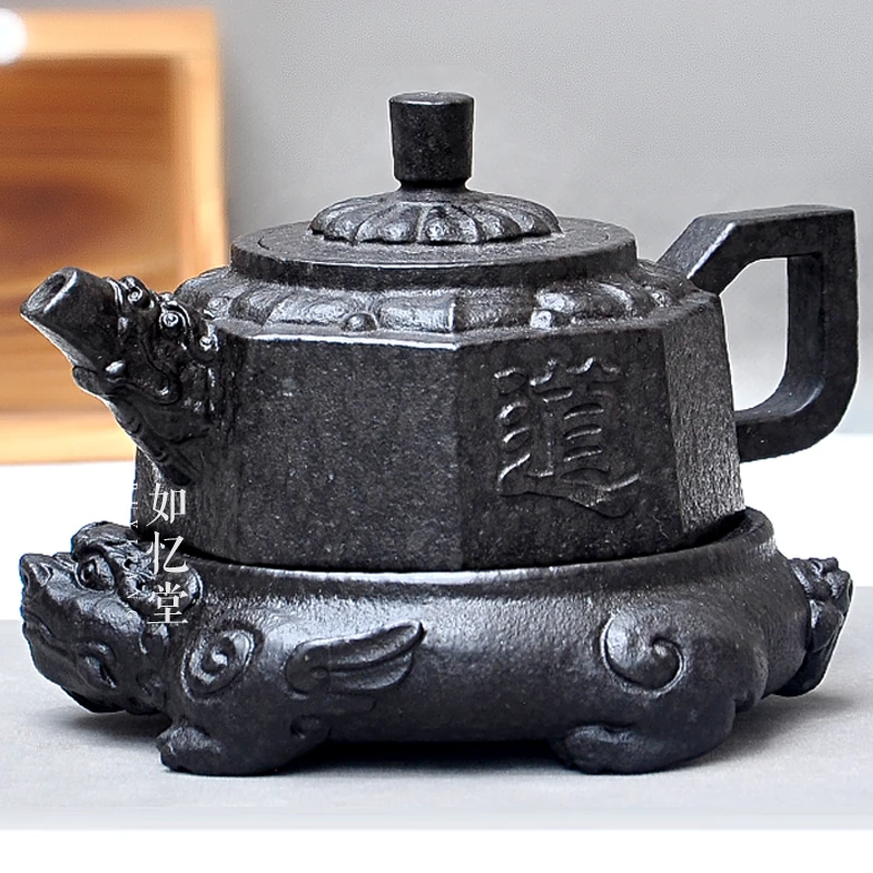 如忆堂冰碛岩茶壶天然紫墨湘玉石茶具方壶庄惠东纯手工雕刻八卦壶