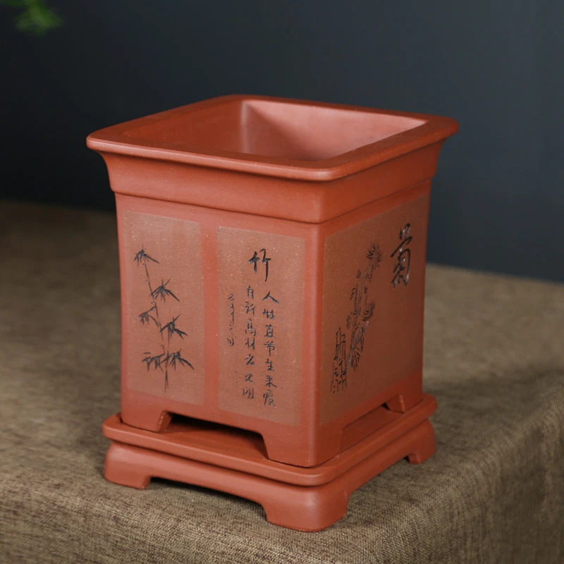 宜兴紫砂花盆精品兰花盆悬崖老桩盆景盆四方大号中国风室内绿植盆