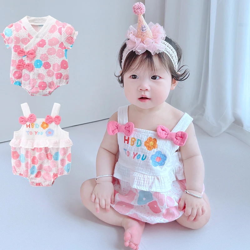 婴儿吊带背心包屁衣女宝宝三角哈衣新生儿童爬服薄款连体衣服夏季