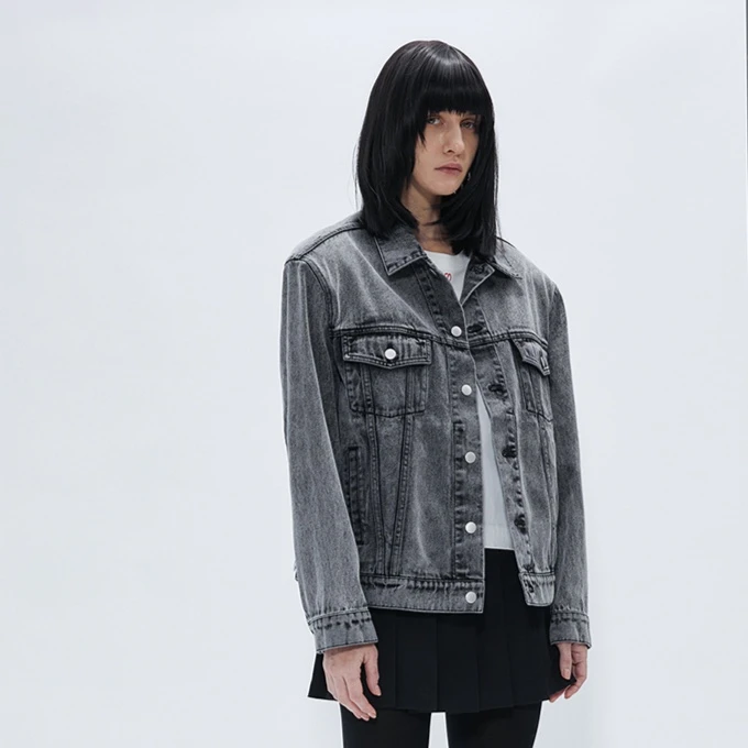 PHISM/PHISM垫肩廓形牛仔外套春秋水洗时尚翻领