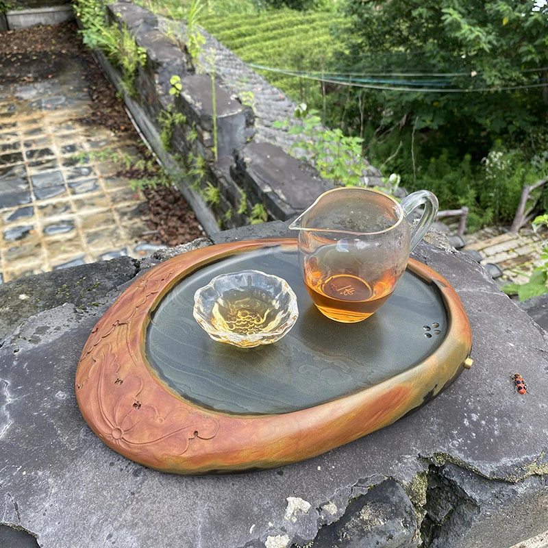 非遗歙砚《荷花系列》金皮原石籽料天然高档送礼办公室家用小茶盘