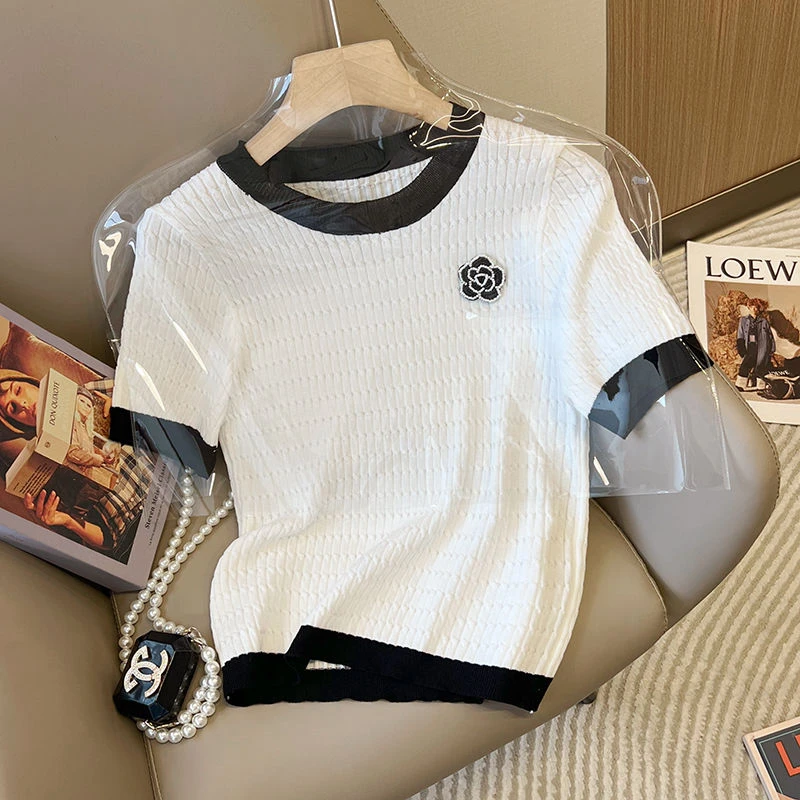 【清仓价】轻奢小香风2022夏新款山茶花钉珠装饰薄款冰丝针织T恤