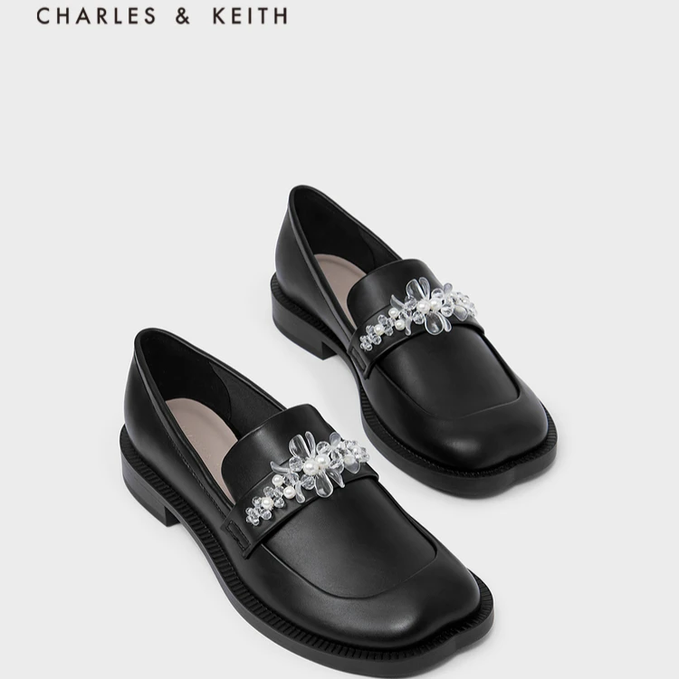 CHARLES&KEITH透明珠花饰粗跟一脚蹬乐福鞋平底女鞋CK1-70580175
