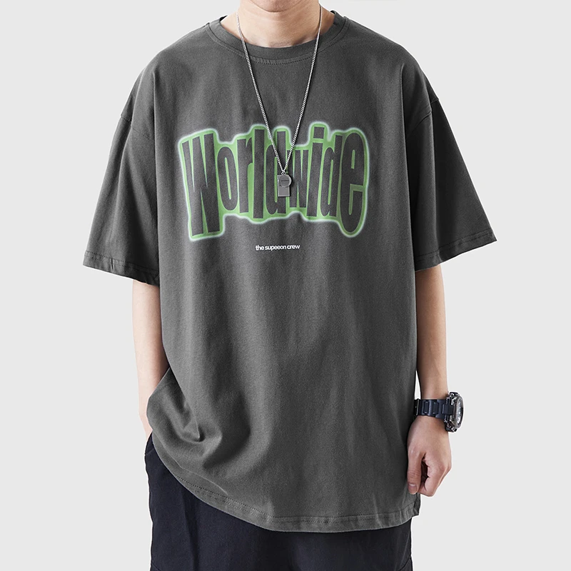 200g重磅纯棉休闲圆领打底t恤衫日系宽松潮流字母印花男士短袖T恤