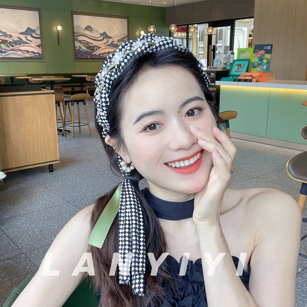 非金属布艺发饰 【棋盘格飘带钻钻发箍】颅顶增高显脸小宽边发箍