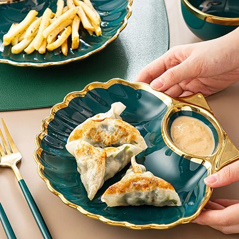 金边贝壳饺子盘祖母绿家用菜盘带醮料碟创意陶瓷水饺盘网红轻奢款