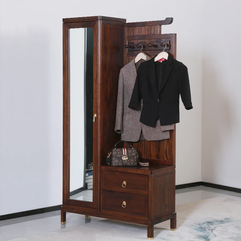 S/顺心实木新中式门厅柜鞋柜衣帽柜组合进门鞋柜一体靠墙带镜子