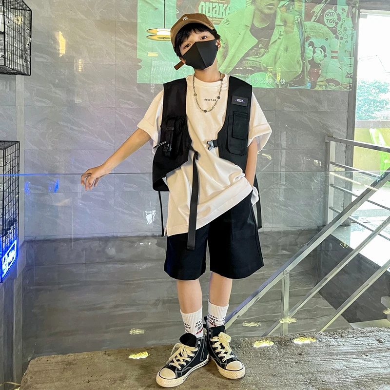 男童套装夏季2025新款大儿童网红街舞三件套男孩酷帅潮牌炸街夏装