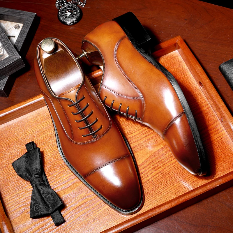 男款正装增高皮鞋男真皮三接头棕色牛津鞋手工内增高商务尖头男鞋