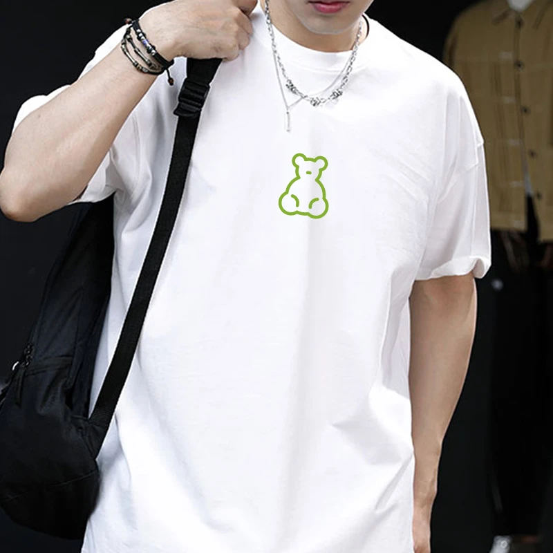 简约小熊重磅纯棉短袖小众休闲印花体恤宽松休闲透气百搭学生夏季