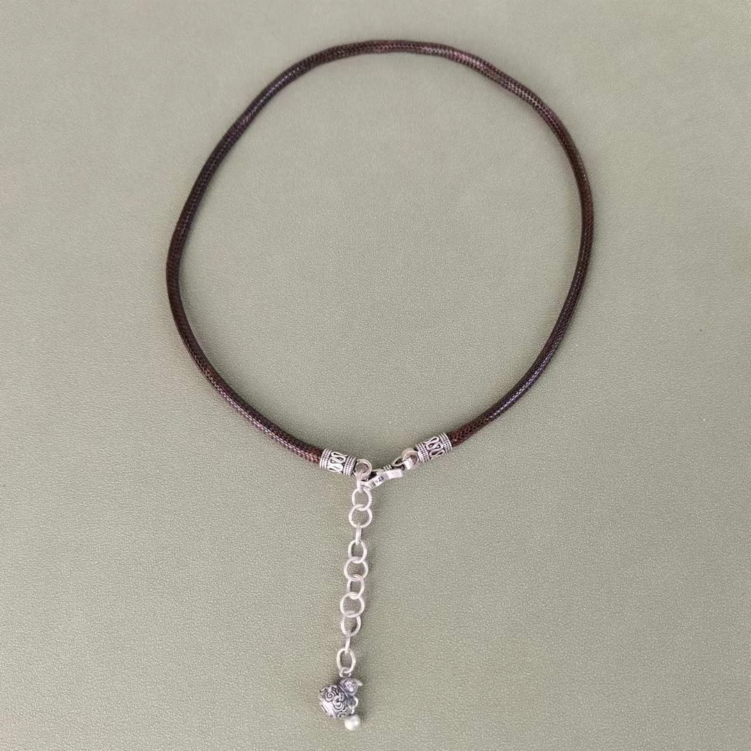 银之酷 链子925银 925银扣3mm咖色皮绳葫芦项链万能百搭项链时尚