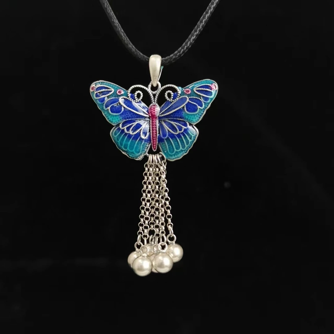 吊坠足银 足银烧蓝蝴蝶流苏吊坠女复古民族风时尚银饰约12.5克