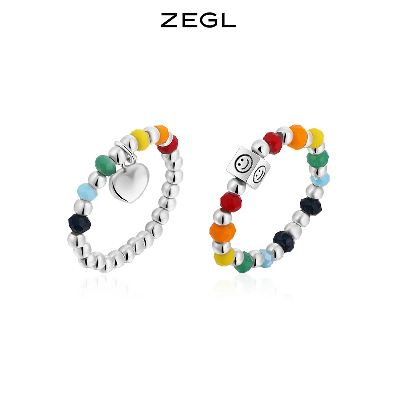 ZEGL 铜合金戒指 彩虹笑脸串珠戒指时尚可爱简约多巴胺食指戒