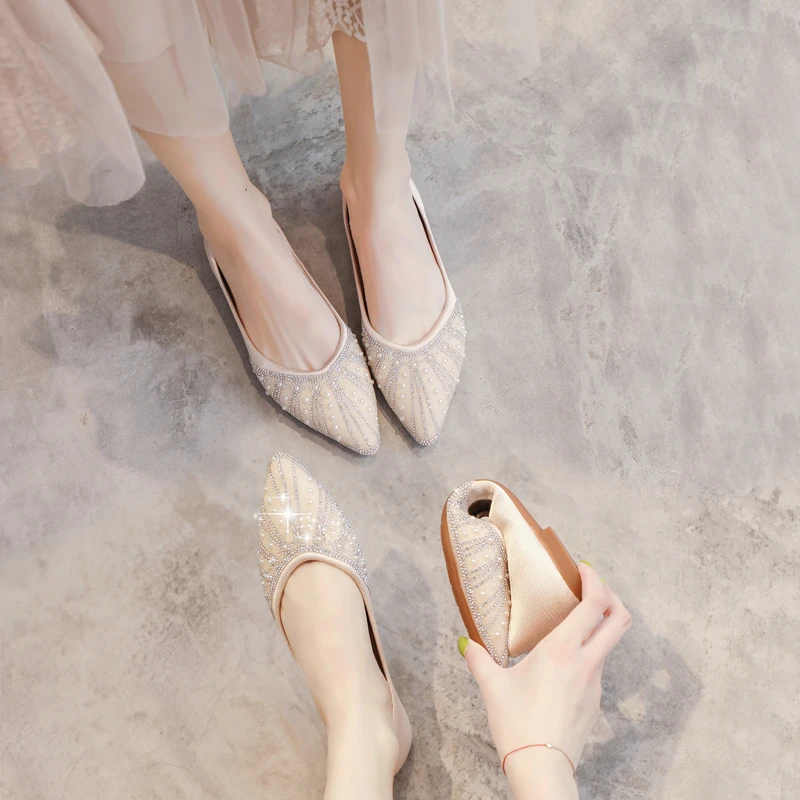 软底软面水钻豆豆鞋丝绸面料爆款百搭平底单鞋女2025夏秋新款