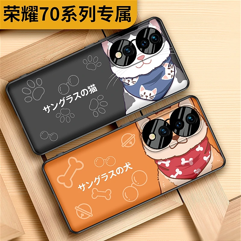 【墨镜猫】荣耀70手机创意插画荣耀70pro原创卡通保护套新款防摔