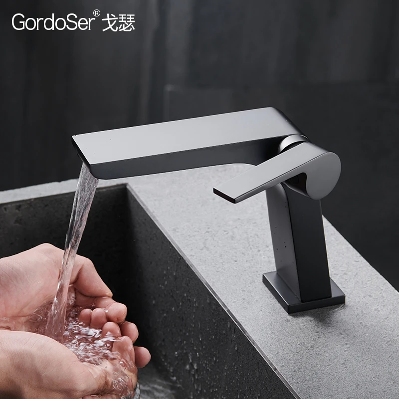 GORDOSER/戈瑟枪灰色面盆水龙头冷热浴室卫生间台盆龙头瀑布出水