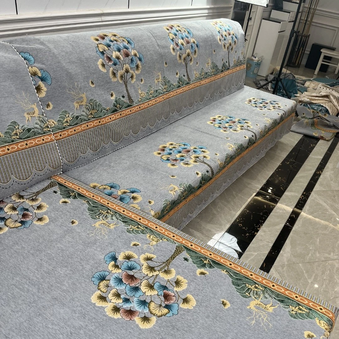 雪尼尔沙发垫三件套银杏叶灰色（送一张90）防滑加厚