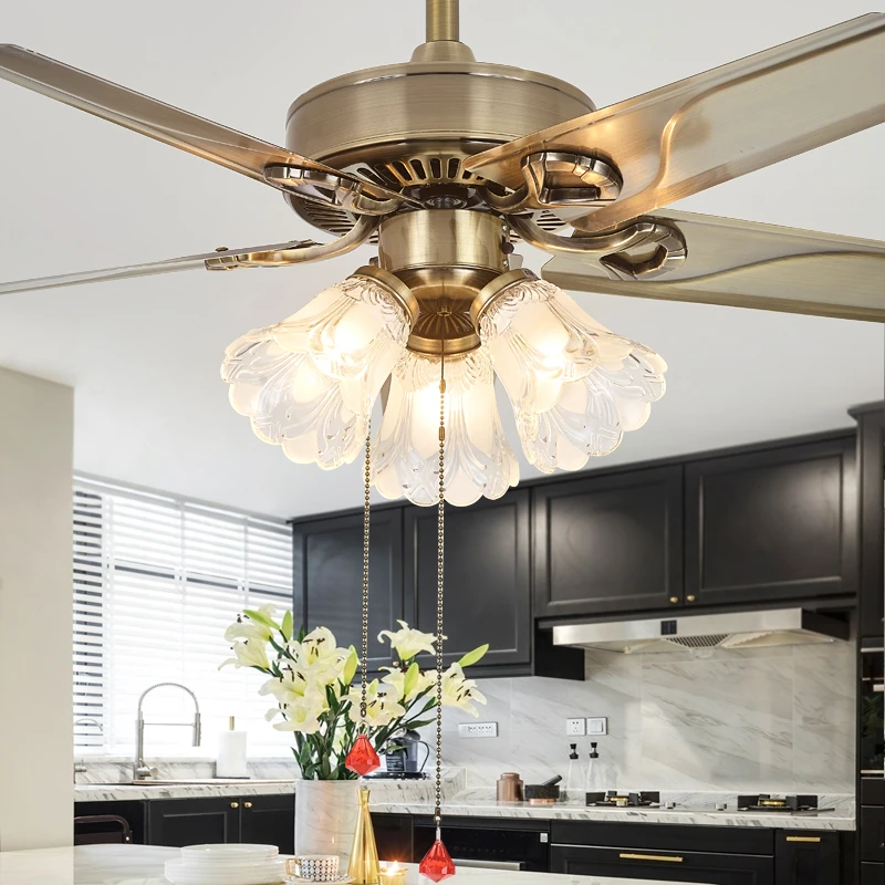 传统风扇吊灯餐厅吊扇灯现代简约家用卧室欧式复古铁叶电风扇吊灯