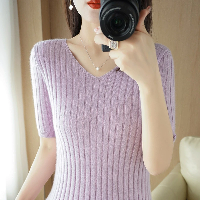 2022春夏季薄款V领针织衫短袖女宽松大码半袖坑条内搭打底衫T恤