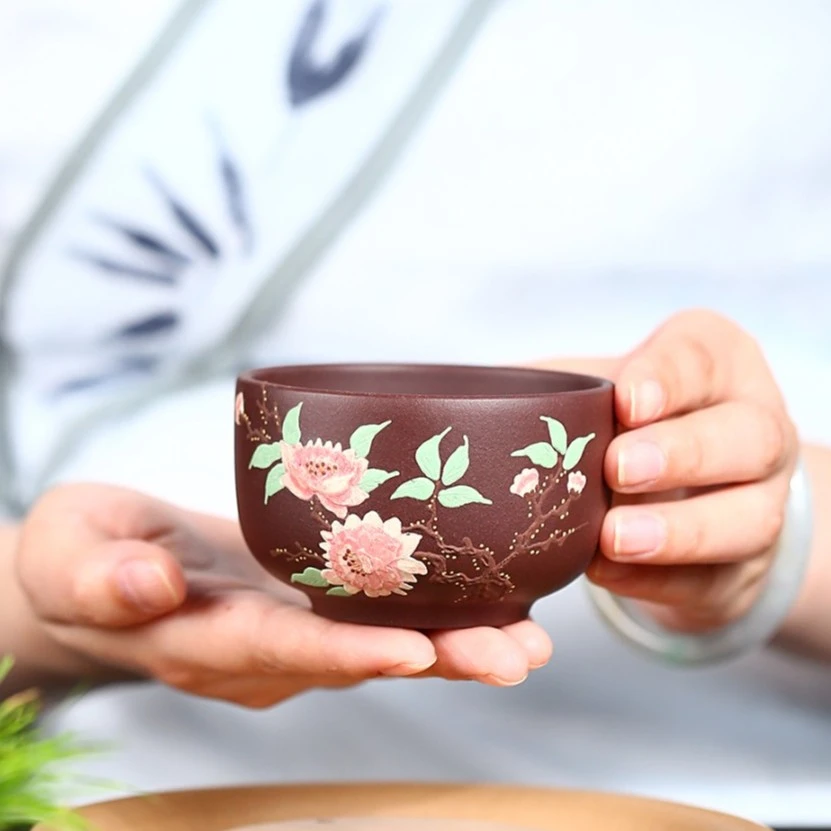 高档紫砂主人杯宜兴原矿功夫茶具茶杯全手工泥绘泡茶茶器茶盏