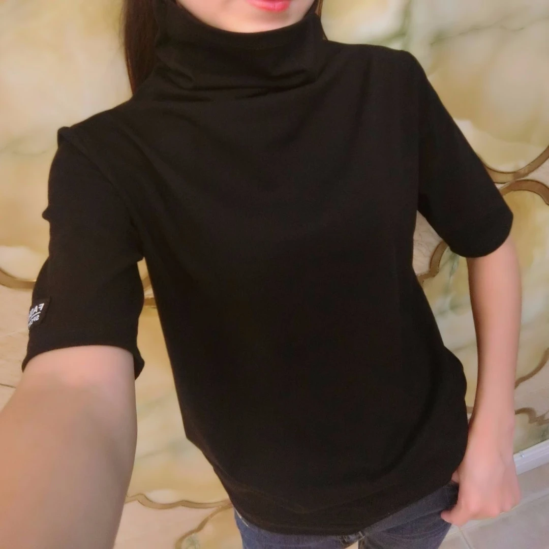 2023新款洋气时尚百搭色高弹宽松大码女士五分袖高领堆堆领打底衫