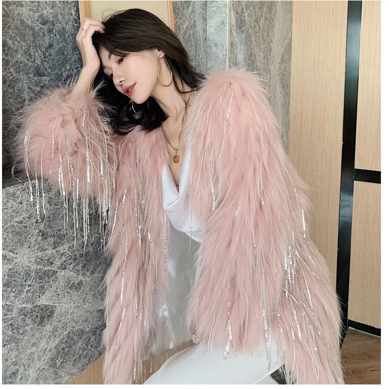 2021时尚炸街70貉子毛车条流苏洋气百搭中长款外套女