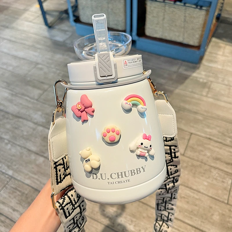 网红大肚保温杯大容量女高颜值水杯子带吸管学生可爱便携背带水壶