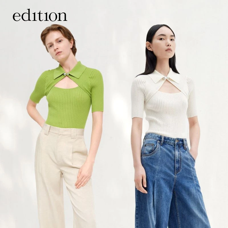 edition设计感针织上衣女夏新款纯色镂空polo领短袖#EBB2SWTT02