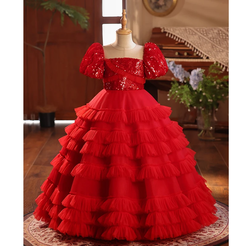 梦幻红色女童礼服高端主持人走秀钢琴演出公主裙生日宴会长裙新款