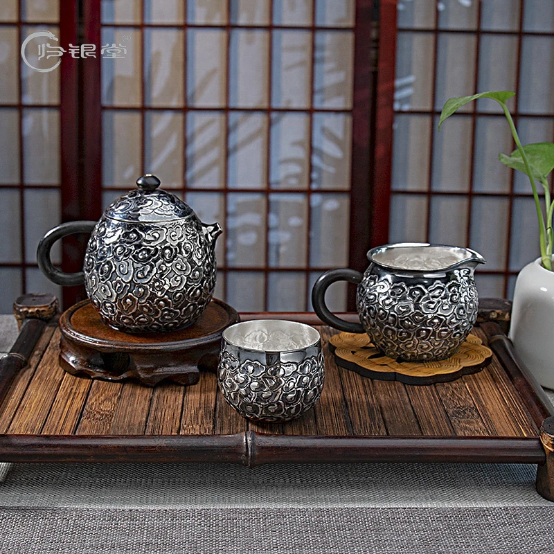 纯银999高工錾刻龙蛋祥云泡茶壶银壶功夫银茶具家用送礼手